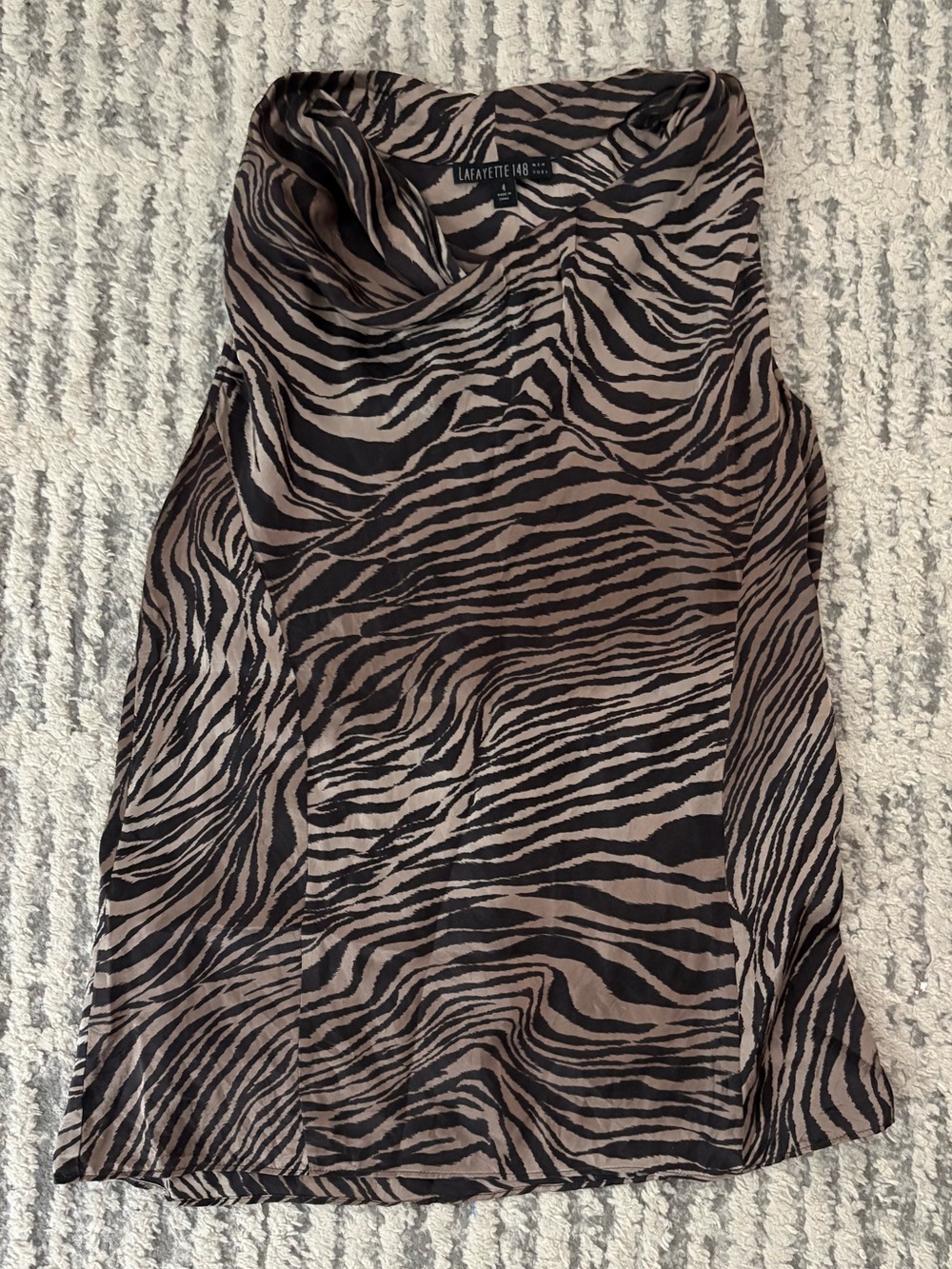 Lafayette 148 100% silk cream black zebra blouse top shirt drape neck size 4